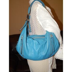 B Makowsky Blue Leather Studded Shoulder Hobo Handbag